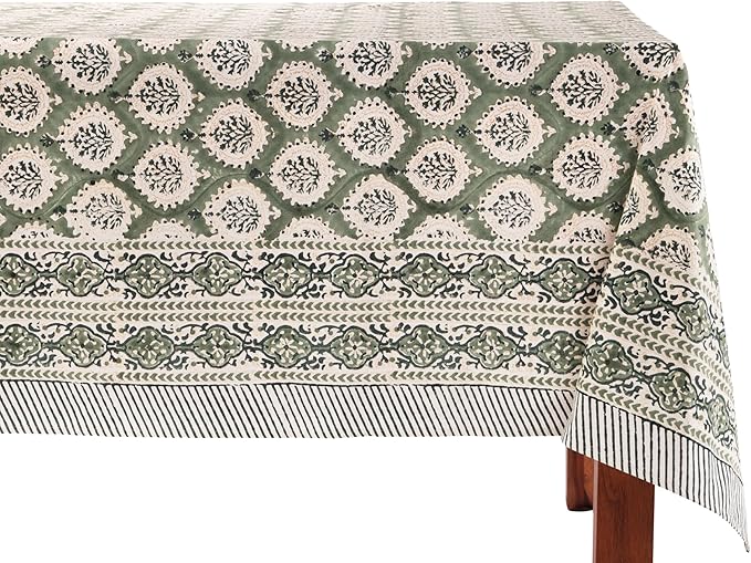 ATOSII Kari Green 100% Cotton Rectangle Fall Tablecloth, Block Print Floral Table Cloth Linen for Dining Parties Outdoors Christmas Thanksgiving Grandmillennial Home Decor 72 X 140 Inches I 12 Seater