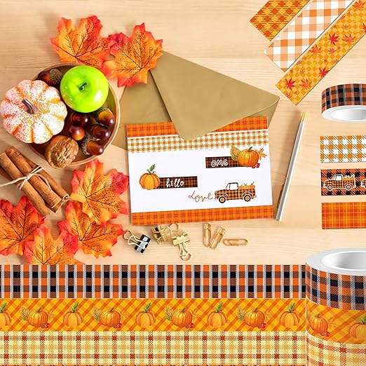 12 Rolls Fall Plaids Washi Tape, Autumn Maple Leaves Pumpkin Masking Washi Tape 15mm, Thanksgiving Harvest Decorative Tape Sticker for Scrapbook, Journal, DIY Craft, Gift Wrapping