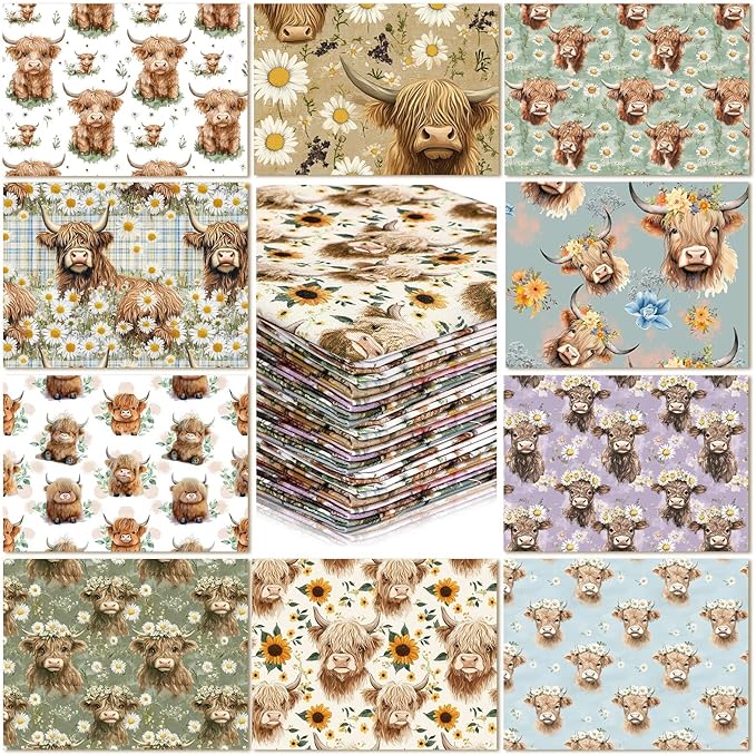 Hahafelt 10 Pcs Highland Cow Quilting Fabric 18 x 22 Inch Square Bundle Highland Cow Precuts Quilted Fabric Multi Color Printed Patchwork Supplies for Summer DIY Sewing Crafts