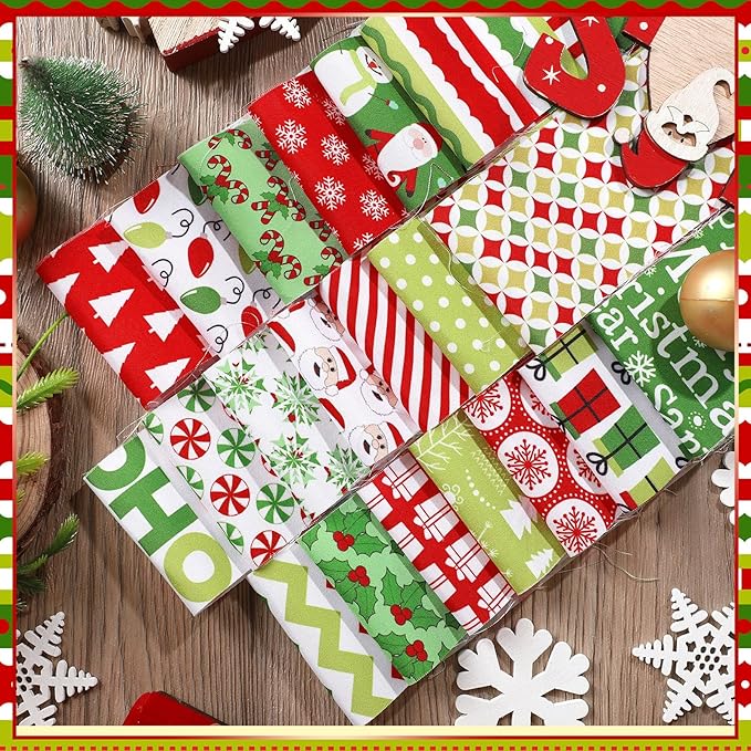 Fanfanwin 40 Pcs Red and Green Christmas Quilting Fabric Roll 2.56 Inch Precut Fabric Squares Jelly Patchwork Snowflake Peppermint Strips Materials for Winter Xmas Holiday Craft Sewing Panels DIY