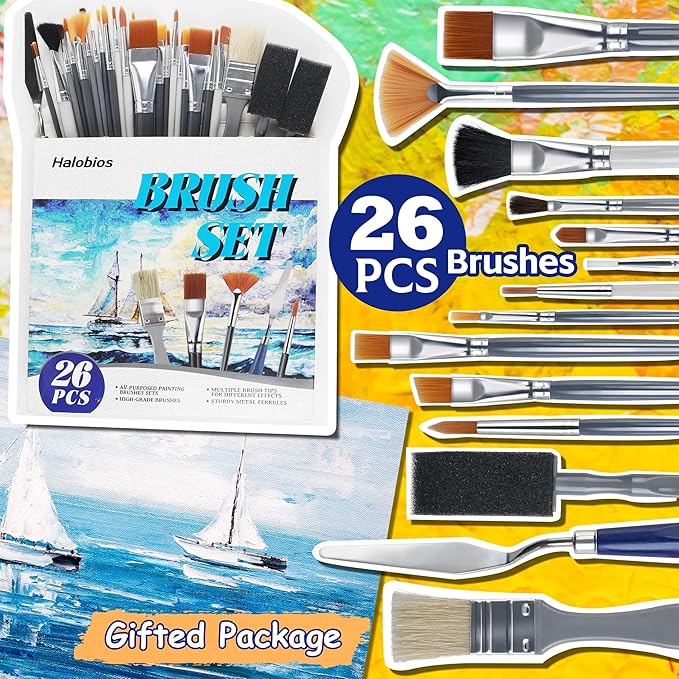 26PCS Painting Brushes Set, 5 Sets of Professional Painting Brushes for Acrylic Painting, Artist Paintbrushes for Body Face Rock Canvas, Children Adult Drawing Arts Crafts Supplies
