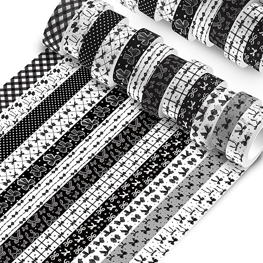 12 Rolls of Black Bow Washi Tape, Black and White Decorative Tape, Masking Tape for Note Taking Supplies, Scrapbooking, DIY Crafts, Gift Wrap Supplies