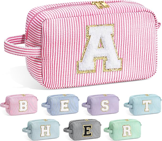 YOOLIFE Initial Makeup Bag Cosmetic Bag Toiletry Pouch, Personalized Birthday Gifts for Women Girls Mom Daughter Sister Friends, Pink A