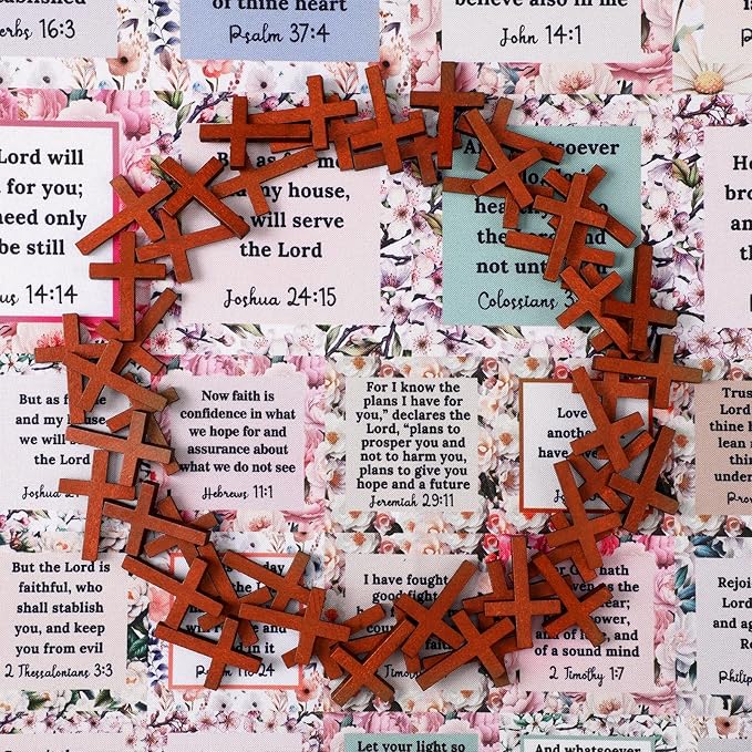 Pocket Prayer Quilt Panel Squares with Small Wooden Crosses Mini Scripture Pocket Prayer Quilt for Friend Family Religious Spiritual Gift Easter Reward Gift(Flora,Brown)