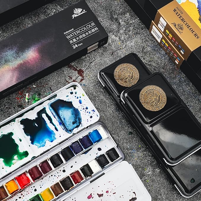 PHOENIX Professional Watercolor Paint Set - 18 Colors Half Pan Water Color Paint Palette with Tin Box, Portable Travel Watercolors for Adults, Artists