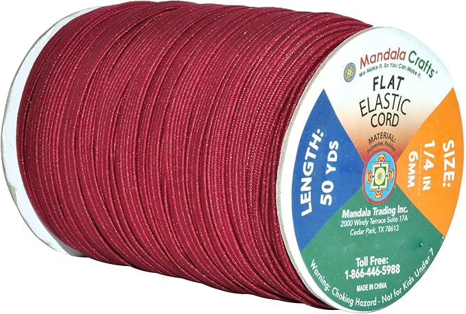 Mandala Crafts 6mm 50 Yds Roll of Maroon Elastic Bands for Sewing - 1/4 Flat Elastics Cord - 1 4 Inch Braided Stretch Straps for Crafting