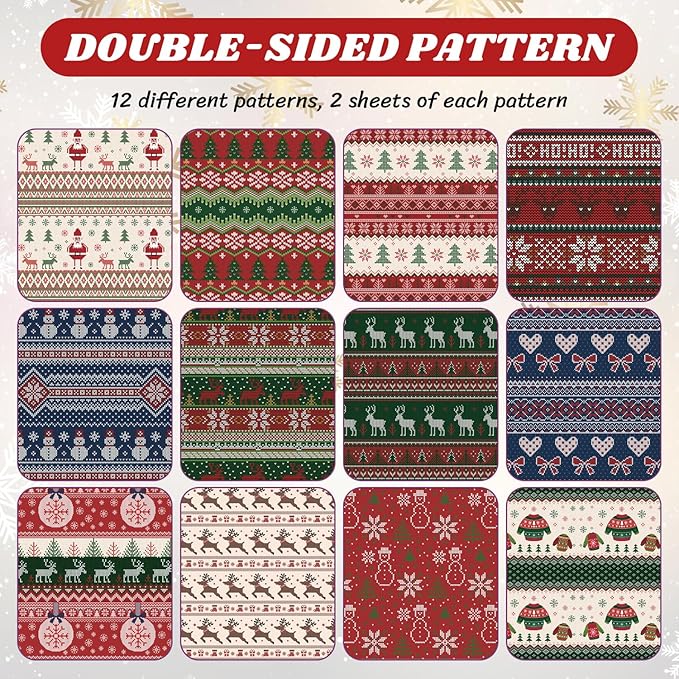 24 Sheets Christmas Scrapbook Paper 12'' × 12'' Double-Sided Xmas Red Green Blue Pattern Paper Decorative Art Cardstock for Holiday DIY Crafts Card Making Scrapbook Supplies