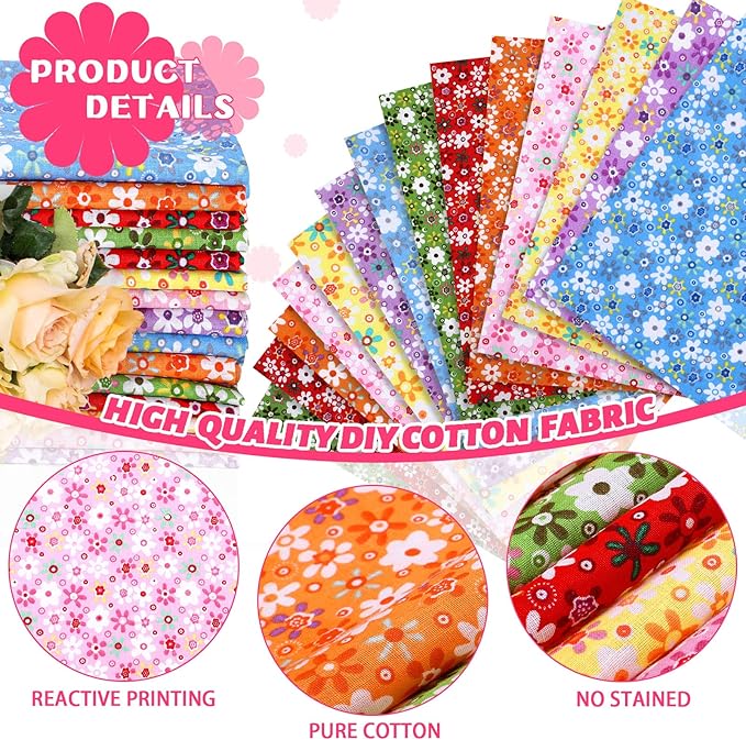 Kingdder 15 Pcs 20 x 20 Inch Cotton Fabric Floral Square Quilting Patchwork Flower Fabric Fat Quarter Colorful Printed Square Patchwork Fat Bundles for DIY Crafts Cloths Handmade Accessories Supplies
