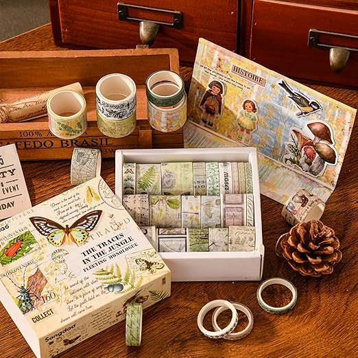 20 Rolls Vintage Washi Tape Set Retro Arts Adhesive Tapes Fleeting Monologue Decorative Masking Tape Sets for Craft, Kids, Scrapbook, DIY, Gift Wrapping (Tracks in The Jungle)
