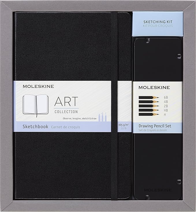 Moleskine Art Collection Sketching Kit - Sketchbook Large + Drawing Pencils Set, Large, Plain, Black, Hard Cover (5 x 8.25) 104 Pages