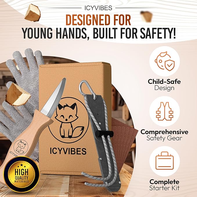 Premium Wood Carving Kit for Kids - 2026 Upgraded 9 PCS Whittling Knife Set with Safety Gloves Chisel Pocket Friendly Working Tools Leather Case Creative Bowl Sharpener Gifts (Gray)