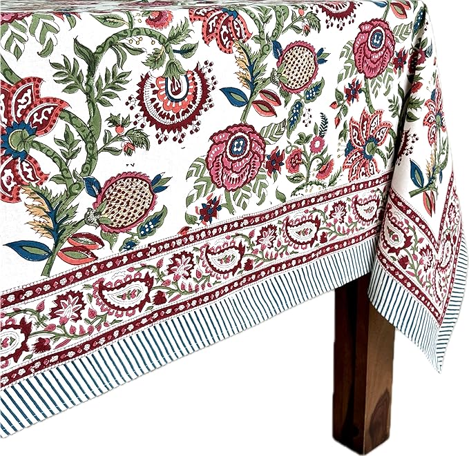 ATOSII Ruby 100% Cotton Rectangle Summer Tablecloth, Block Print Floral Table Cloth for Dining Table, Parties, Weddings, Outdoors Grand Millenial Decor I 60 X 108 Inches I 8 Seater I