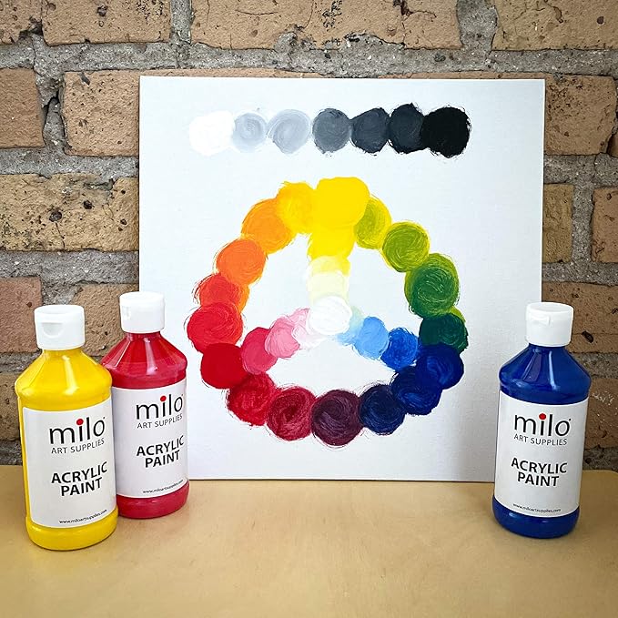 milo Acrylic Paint Set of 8 Colors | 8 oz Bottles | Student Primary Colors Acrylics Painting Pack | Made in the USA | Non-Toxic Art & Craft Paints for Artists, & Hobby Painters
