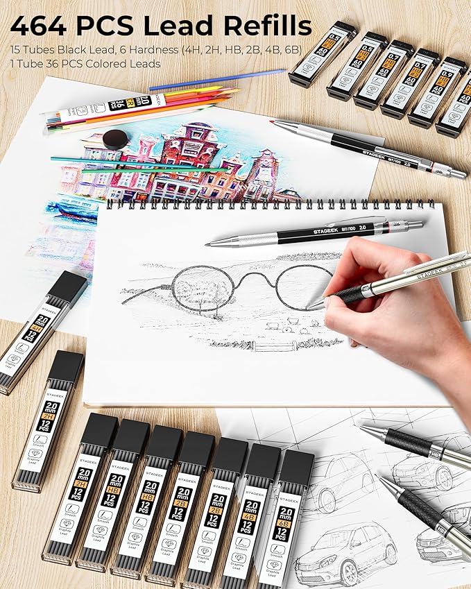 Mechanical Pencil Set with Leather Bag 30 Count, Drawing Pencils 0.5, 0.7, 0.9MM & 3PCS 2MM Sketching Pencils with 464PCS Lead Refills (6B 4B 2B HB 2H 4H Color) for Artist Drafting Drawing