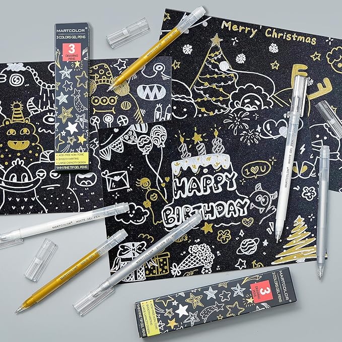 Gold Silver White Gel Pens, 1mm Fine Point Gel Ink Pen Opaque Archival Ink Pens for Black Paper Drawing, Sketching, Illustration, Card Making, Bullet Journaling, 3 Pack