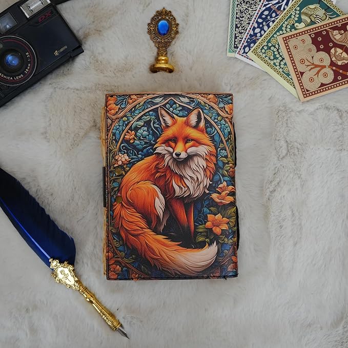 Book of Shadows Fox Print Grimoire Journal Witchcraft Supplies Witch Spell for Men & Women 200 Pages with Lock Clasp Vintage Handmade Deckle Edge Paper, Leather Sketchbook, Gifts
