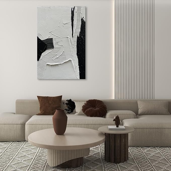 NANKAI Art Hand-Painted Black and White Texture Oil Painting Modern Minimalist Abstract Art 45x30 inch Large Home Wall Deco Art Painting