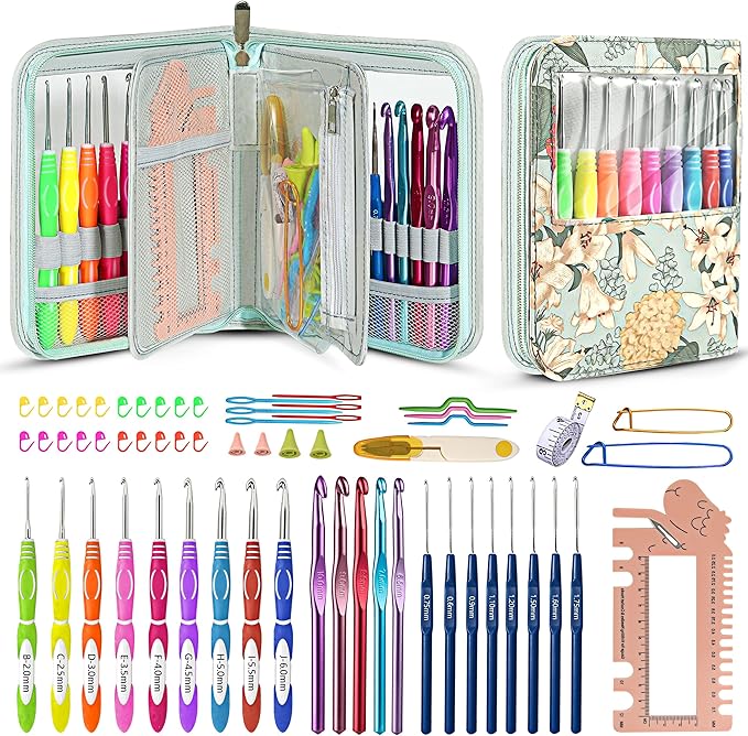 Looen 61Pcs Ergonomic Crochet Hooks Set, 22size (0.75mm-10mm), with Case for Arthritic Hands, Extra Long Crochet Needles, Nice Gift (Green)