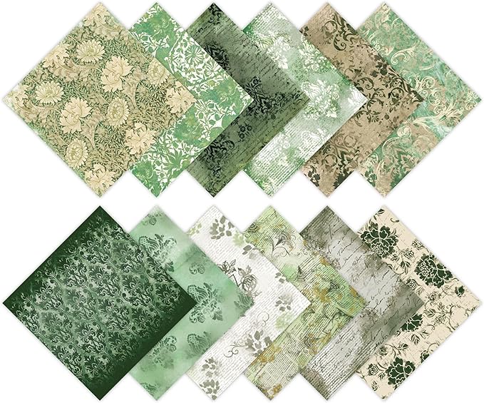Vintage Green Scrapbook Paper - 12 Sheets Single-Sided Decorative Craft Paper for DIY Journals, Card Making, Collage, Mixed Media, Scrapbooking Supplies - 6x6 Inch