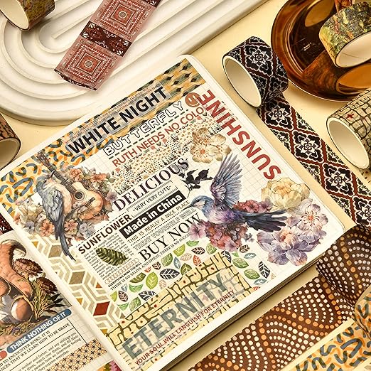8 Rolls Retro Washi Tape Set Vintage Arts Adhesive Tapes Wide Painting Patterned Decorative Masking Tape Sets for Craft, Kids, Scrapbook, DIY, Gift Wrapping (Geometric Aesthetics)