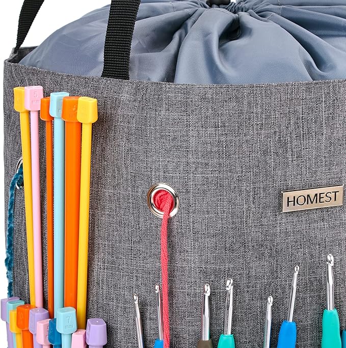 HOMEST Large Crochet Bag with Customized Front Compartment for Knitting Accessories, Yarn Storage with 6 Oversized Grommets, Tote Organizer with Drawstring Closure, Gray
