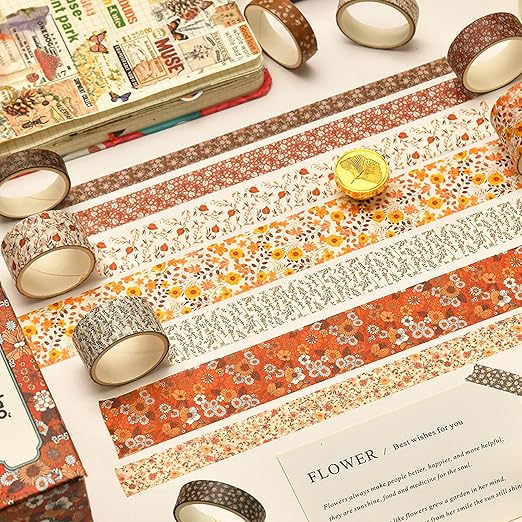 12 Rolls Flowers Washi Tape Set Floral Arts Adhesive Tapes Blooming Garden Decorative Masking Tape Sets for Craft, Kids, Scrapbook, DIY, Gift Wrapping (Autumn Twilight)