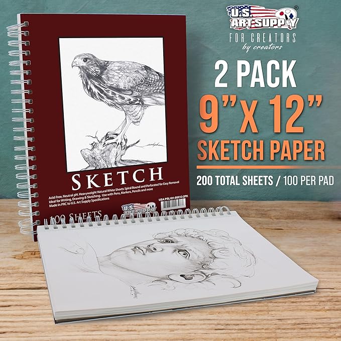 U.S. Art Supply 9"x12" Sketch Book Pad, 2 Pack (100 Sheets Each), 60lb (100gsm) Spiral Bound - Sketching, Drawing Pad, Acid-Free Paper - Sketch Pads for Adults, Students: Colored Pencils, Charcoal