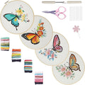 Bonroy 4 Sets Embroidery Set for Beginners, Art Craft, Easy Sewing, Includes Embroidery Clothing, Pattern, Embroidery Hoop, Instruction Manual, Colorful Thread Needles Set (Butterfly)