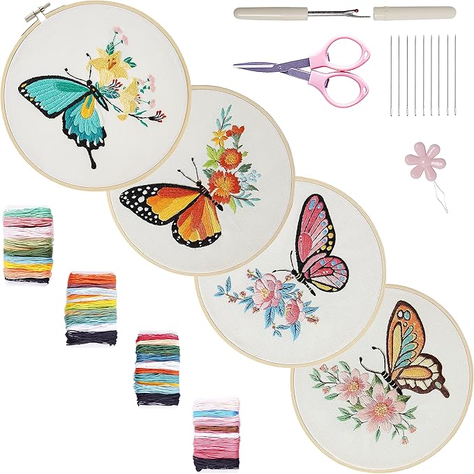 Bonroy 4 Sets Embroidery Set for Beginners, Art Craft, Easy Sewing, Includes Embroidery Clothing, Pattern, Embroidery Hoop, Instruction Manual, Colorful Thread Needles Set (Butterfly)