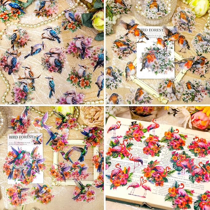 180 Pcs Clear Bird Flower Stickers for Scrapbooking – Vintage Watercolor Aesthetic Nature Forest Wildlife Botanical Sticker Pack for Journaling, Card Making, Resin Crafts
