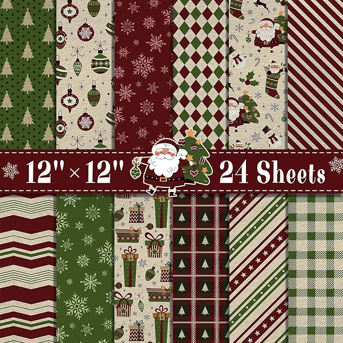 24 Sheets Christmas Scrapbook Paper 12'' × 12'' Double-Sided Xmas Red Green Pattern Paper Decorative Art Cardstock for Holiday DIY Crafts Card Making Scrapbook Supplies