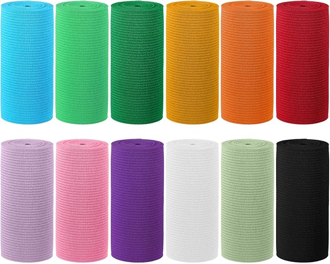 WILLBOND 12 Rolls Colorful Elastic Band Folding Elastic Cord Heavy Duty Stretch Band Knitted Flat Band for Sewing Crafts DIY Comforter Cuffs(3 Inch X 0.9 Yards,Bright Color)
