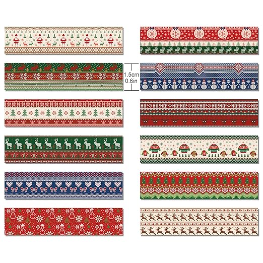 12 Rolls Christmas Washi Tape Set, Ugly Sweater Masking Tape Vintage Cartoon Xmas Ugly Sweater Decorative Tape, Xmas Holiday Retro Masking Tape for Journaling Supplies, Scrapbooking, DIY Arts & Crafts