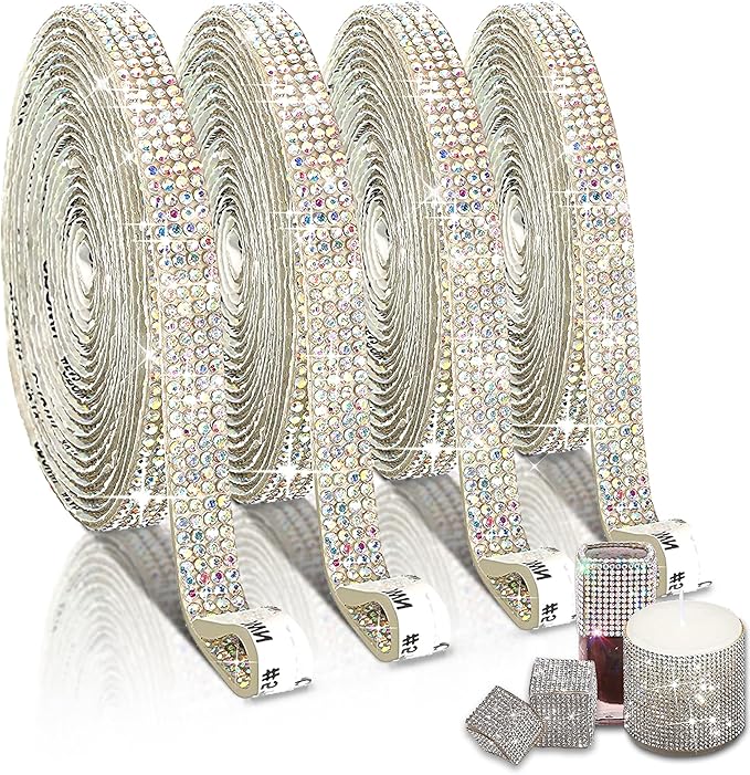 4 Rolls Self Adhesive Crystal Rhinestone Ribbon Diamond Bling Tape with 2 mm Rhinestones Strips Sticker for Arts Crafts Wedding Birthday Party DIY Event Car Phone Decoration (AB)