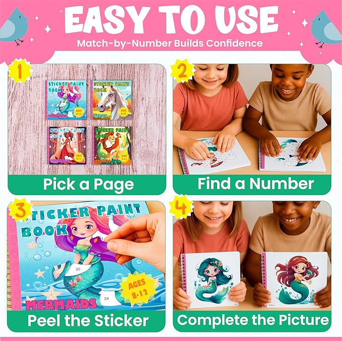 BulbaCraft 4Pcs Sticker Paint Books - Sticker Books by Number with Mermaids, Princesses, Animals and Horses - Coloring Activity