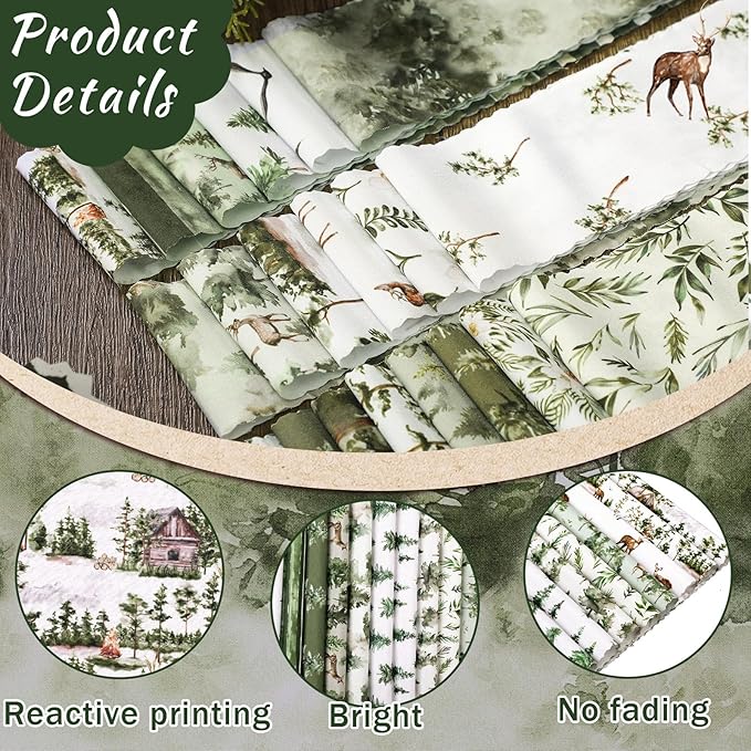 40 Pcs Sage Green Christmas Quilting Fabric Roll 2.56 Inch Watercolor Woodland Precut Fabric Squares Jelly Forest Reindeer Patchwork Strips Quit Material for Winter Xmas Craft Sewing DIY