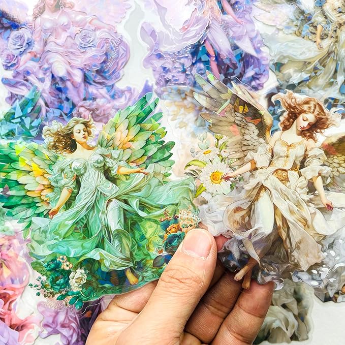 Yoksas Large Holographic Shiny Fantasy Angel Fairy Stickers - 30Pcs Waterproof Clear Glitter Christian Faith Scrapbook Stickers for Junk Journals,Planner,Resin Art Supplies
