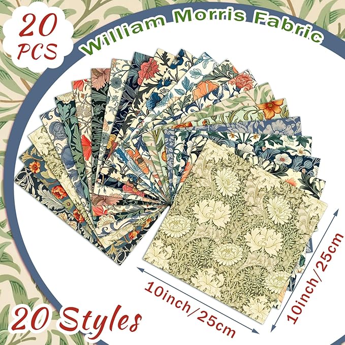 HunnmingRe 20 Pcs 10''x10'' Vintage William Morris Flowers Quilting Fabric Square William Morris Quiltted Fabric Bundle Multicolor Precuts Printed Patchwork Supplies for Holiday DIY Sewing Craft
