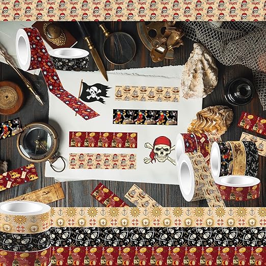 12 Pcs Pirate Washi Tape Pirate Masking Tape Decorations Vintage Nautical Decorative Paper Sticker for Journals, Planners, DIY Craft Gift Wrapping Handbook Stickers