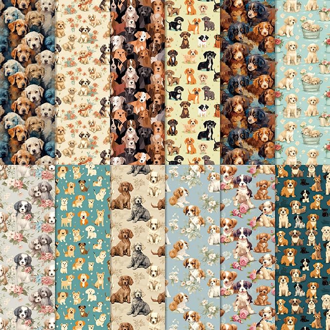 24 Sheet Puppy Scrapbook Craft Paper, Vintage Animal Scrapbook Paper Pad, 6"×6” DIY Decorative Craft, Junk Journal Gift Card Making Supplies