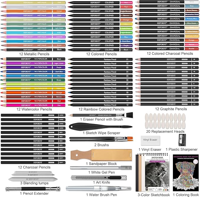 HIFORNY 120 PCS Drawing Set Sketching Kit, Art Supplies with 3-Color Sketchbook,Coloring Book,Rainbow,Colored,Watercolor,Metallic,Graphite,Black & Colored Charcoal Pencils,Blending Tools and More