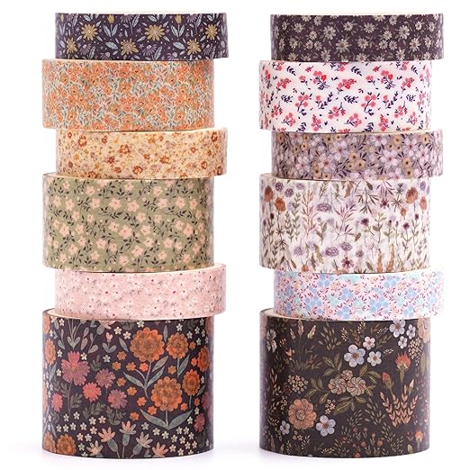 12 Rolls Flowers Washi Tape Set Floral Arts Adhesive Tapes Blooming Garden Decorative Masking Tape Sets for Craft, Kids, Scrapbook, DIY, Gift Wrapping (Flowers Blooms)