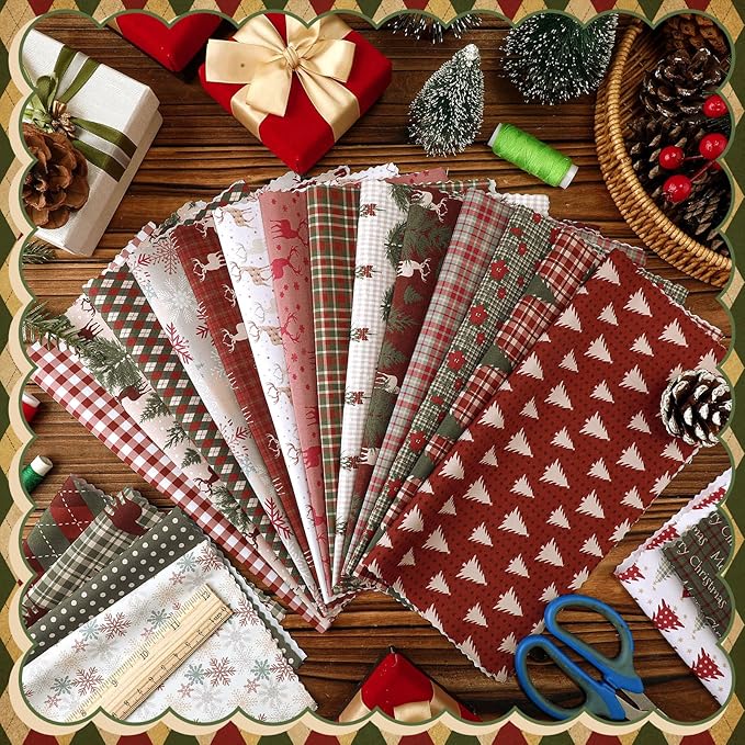 10''x10'' Christmas Woodland Quilting Fabric Square Vintage Plaid Precut Quilted Fabric Bundle Reindeer Poinsettia Patchwork Supplies for Winter Xmas Handmade DIY Craft Sewing Material