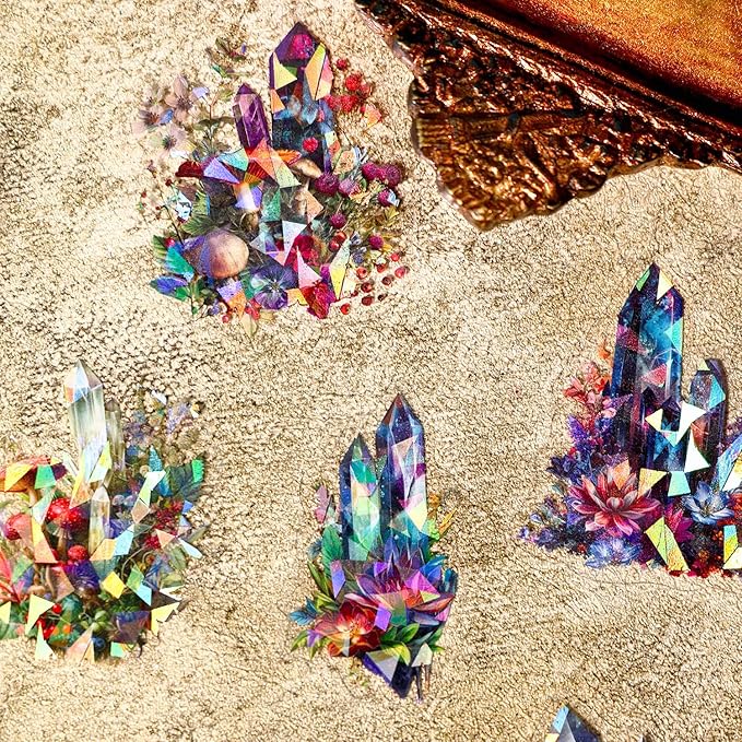 160-Piece Holographic Glitter Fantasy Crystal & Gemstone Sticker Pack – Waterproof Transparent Colorful Watercolor Crystals, Mystical Gems Stickers for Scrapbooking, Journals, Resin Art Supplies