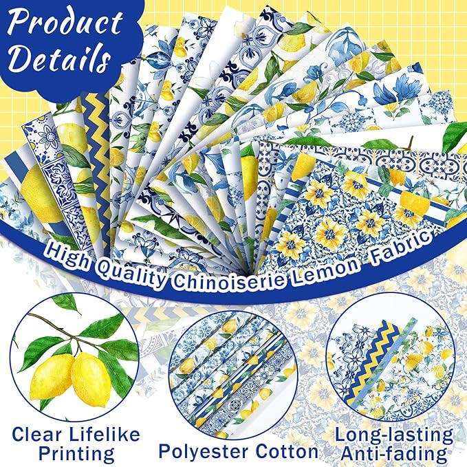 Ganeen 100 Pcs Chinoiserie Lemon Quilting Fabric Roll 2.56 Inch Fabric Squares Jelly Patchwork Precut Strips Bundles for Holiday Materials Craft DIY Sewing Cloths