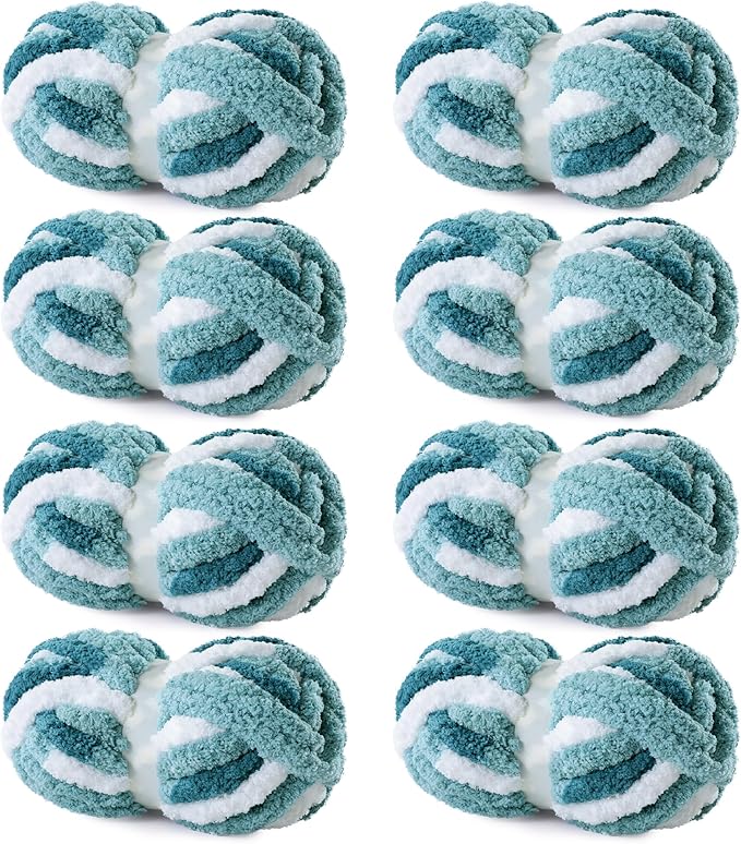 Hombys 8 Pack Giant Chunky Yarn for Crocheting & Knitting, Super Bulky Soft Fluffy Tie Dye Plush Fuzzy Mixed Color Thick Chenille Yarn (Blue Multi, White)