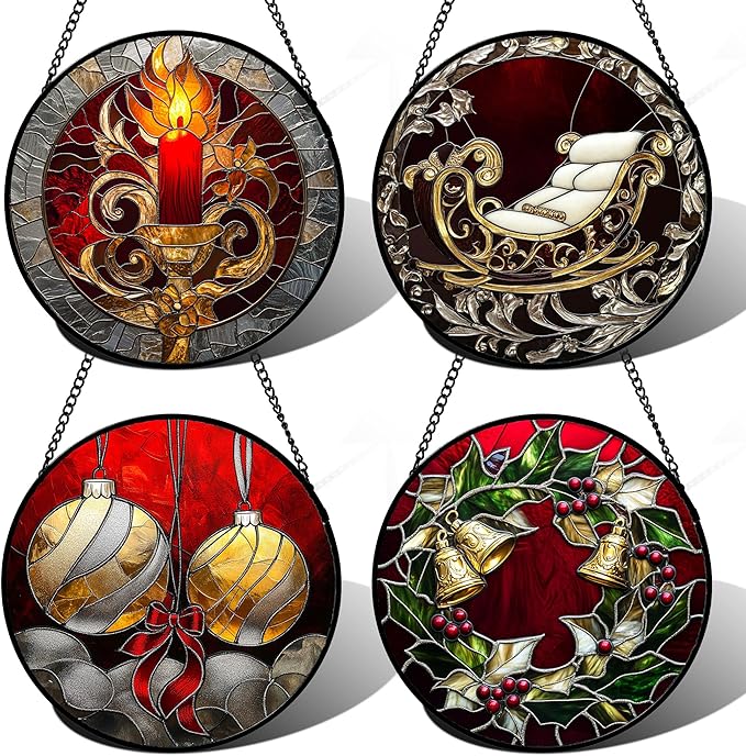 Stained Glass Window Hanging 4 Pcs Set Christmas Golden Bell Sleigh 6.3" - Suncatcher Door Garden Sun Catcher Decor Birthday Mother's Day Xmas Gifts for Mom Woman Nana Men Parents
