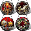 Stained Glass Window Hanging 4 Pcs Set Christmas Golden Bell Sleigh 6.3" - Suncatcher Door Garden Sun Catcher Decor Birthday Mother's Day Xmas Gifts for Mom Woman Nana Men Parents