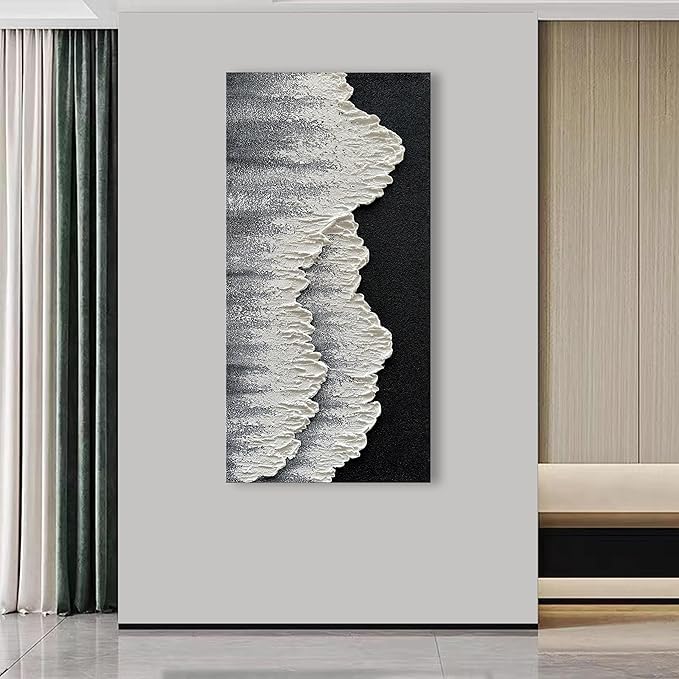 NANKAI Art Hand-Painted 3D Ocean Wave Oil Painting Natural Landscape Black and White Abstract Canvas Art Mural Family Wall Art Deco 48x24 inches