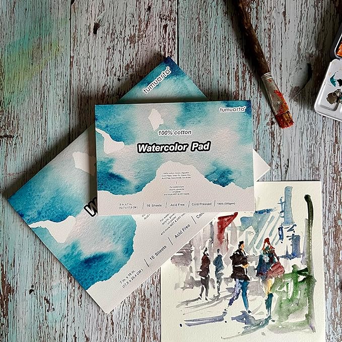 tumuarta Watercolor Pad, 9x12, 100% Cotton, 140 LB, 300 GSM, 16 Sheets, 32 Pages,Acid Free, Cold Press, Watercolor Paper Mixed Media Sketch Books for Watercolors, Acrylic, Gouache, Pencil and More